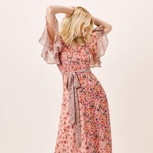 Flutter sleeve floral wrap maxi dress